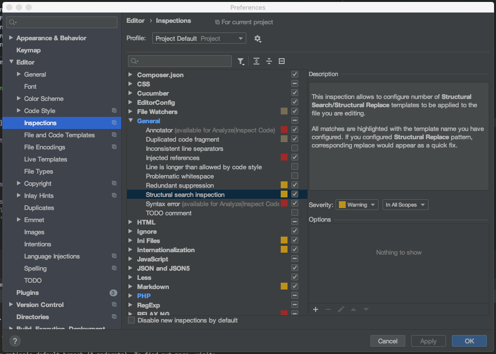 Configuring PhpStorm Structural search inspection